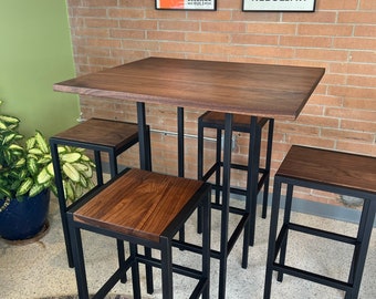 Solid Walnut High Top, Bar Top Table with Matching Bar Stools, Handmade Walnut and Steel Pub Table and Bar stools