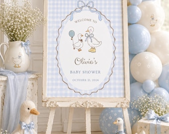 Silly Goose Baby Shower Welcome Sign, Blue Gingham, Editable Template (Digital Download)
