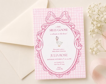 Silly Goose Baby Shower Invitation, Editable Template, Pink Gingham (Digital Download)