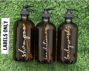Amber Glass Bottle-Shampoo-Conditioner-Body Wash-Lotion-Set-Bathroom Decor-Home Decor-Labels