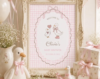 Silly Goose Baby Shower Welcome Sign, Pink Gingham, Editable Template (Digital Download)