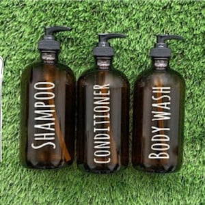 Amber Glass Bottle-Shampoo-Conditioner-Body Wash-Lotion-Set-Soap Dispenser- Bathroom Decor- Home Decor - Labels