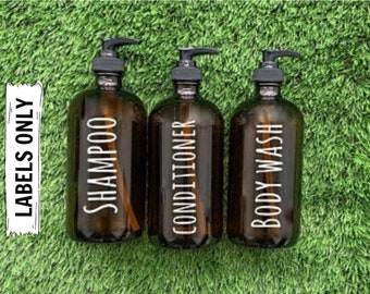 Amber Glass Bottle-Shampoo-Conditioner-Body Wash-Lotion-Set-Soap Dispenser- Bathroom Decor- Home Decor - Labels
