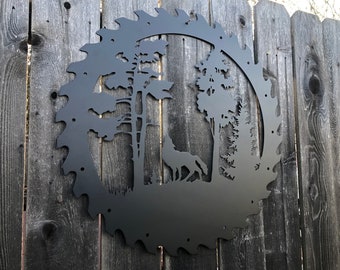 Wolf howling saw blade light up light wall decor.