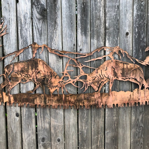 Elk fighting crosscut saw metal wall Art