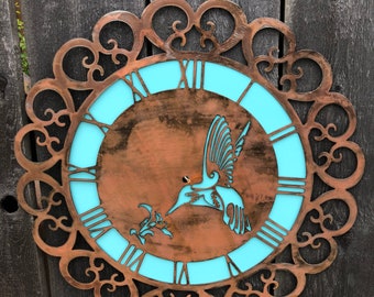 Hummingbird metal wall clock Rustic copper coated  Mother’s Day