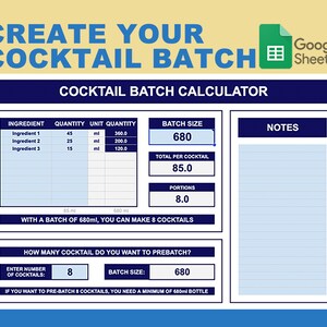 Puede incluir: Una calculadora digital de lotes de cócteles en Google Sheets. La hoja de cálculo incluye secciones para ingredientes, tamaño del lote y notas. La calculadora muestra un tamaño de lote de 680 ml, con 8 porciones por lote.