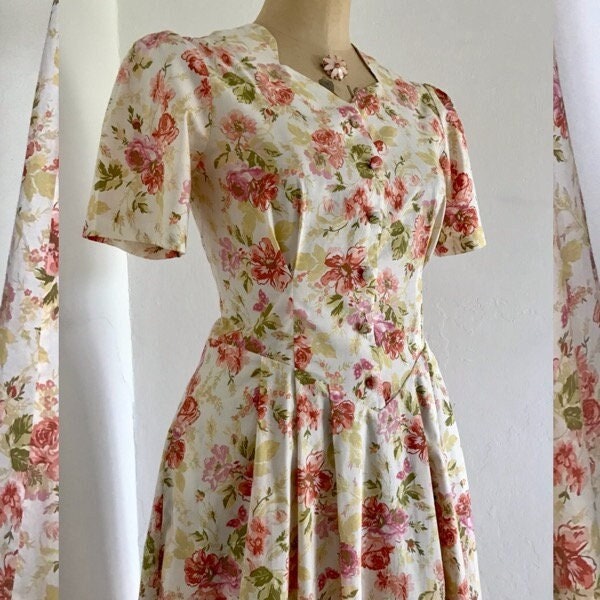 Laura Ashley vintage dress in rose print lawn with puffed sleeves and dropped waist 1980s