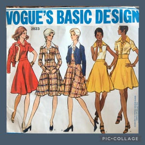 May include: Vintage Vogue's Basic Design sewing pattern, featuring illustrations of five different dress styles. The pattern includes a red dress, plaid dresses, and yellow dresses. The text "VOGUE'S BASIC DESIGN" is at the top.