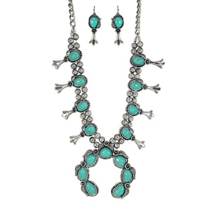 Turquoise Vintage Squash Blossom Metal Statement Necklace/w Earrings No.530