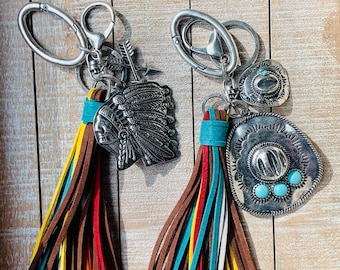 Western Keychain with Charm/ Cowboy Hat with Turquoise Accent and Indian Chief Keychain/multi color tassel fringe keychain
