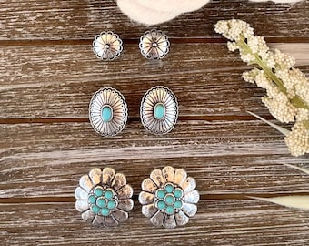 3 pares de aretes tipo concho con turquesa occidental/pendientes tipo botón con turquesa