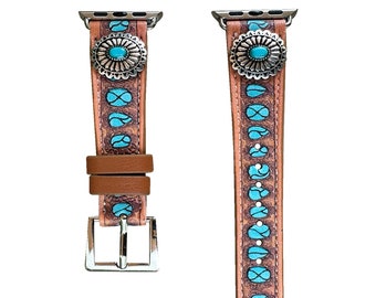 38mm,40mm,41mm,42mm,44mm,45mm compatible for Apple Watch Series 9, 8,7,6,5,4,3,SE,& Galaxy Watch Western Tooled Watch Band No.103