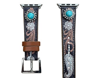 38mm,40mm,41mm,42mm,44mm,45mm Compatible for Apple Watch Series 9, 8,7,6,5,4,3,SE,& Samsung Galaxy Watch Western Tooled Watch Band No.104