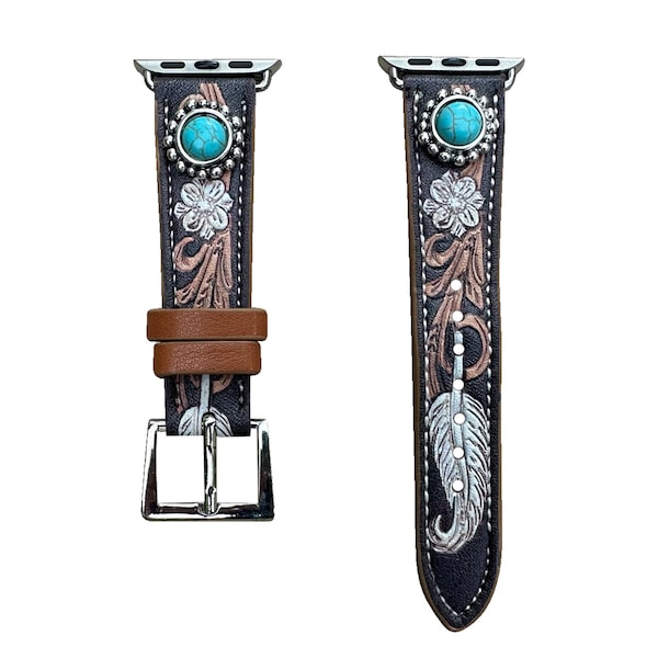 38mm,40mm,41mm,42mm,44mm,45mm Compatible for Apple Watch Series 9, 8,7,6,5,4,3,SE,& Galaxy Watch Western Tooled Watch Band No.104