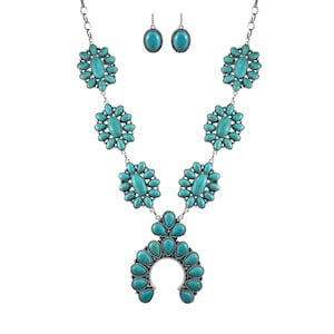 Turquoise Vintage Squash Blossom Metal Statement Necklace/w Earrings No.786