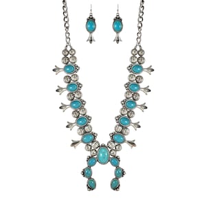 Turquoise Squash Blossom Vintage Metal Statement Necklace/w Earrings No.95