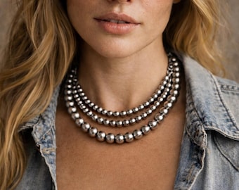 3 Strand Navajo Pearl Necklace, Layered Western Silver Bead Necklace, Adjustable Cowgirl Statement Jewelry