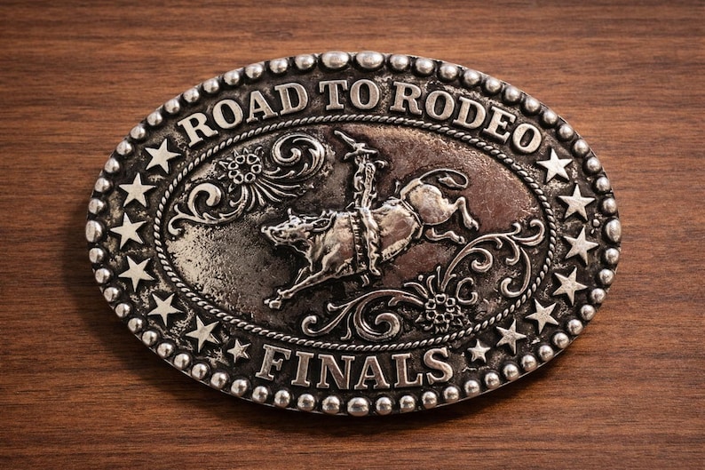 May include: Oval silver-colored belt buckle with the words "ROAD TO RODEO FINALS". The buckle features a rodeo scene with a rider on a bucking bull, surrounded by stars and decorative flourishes.