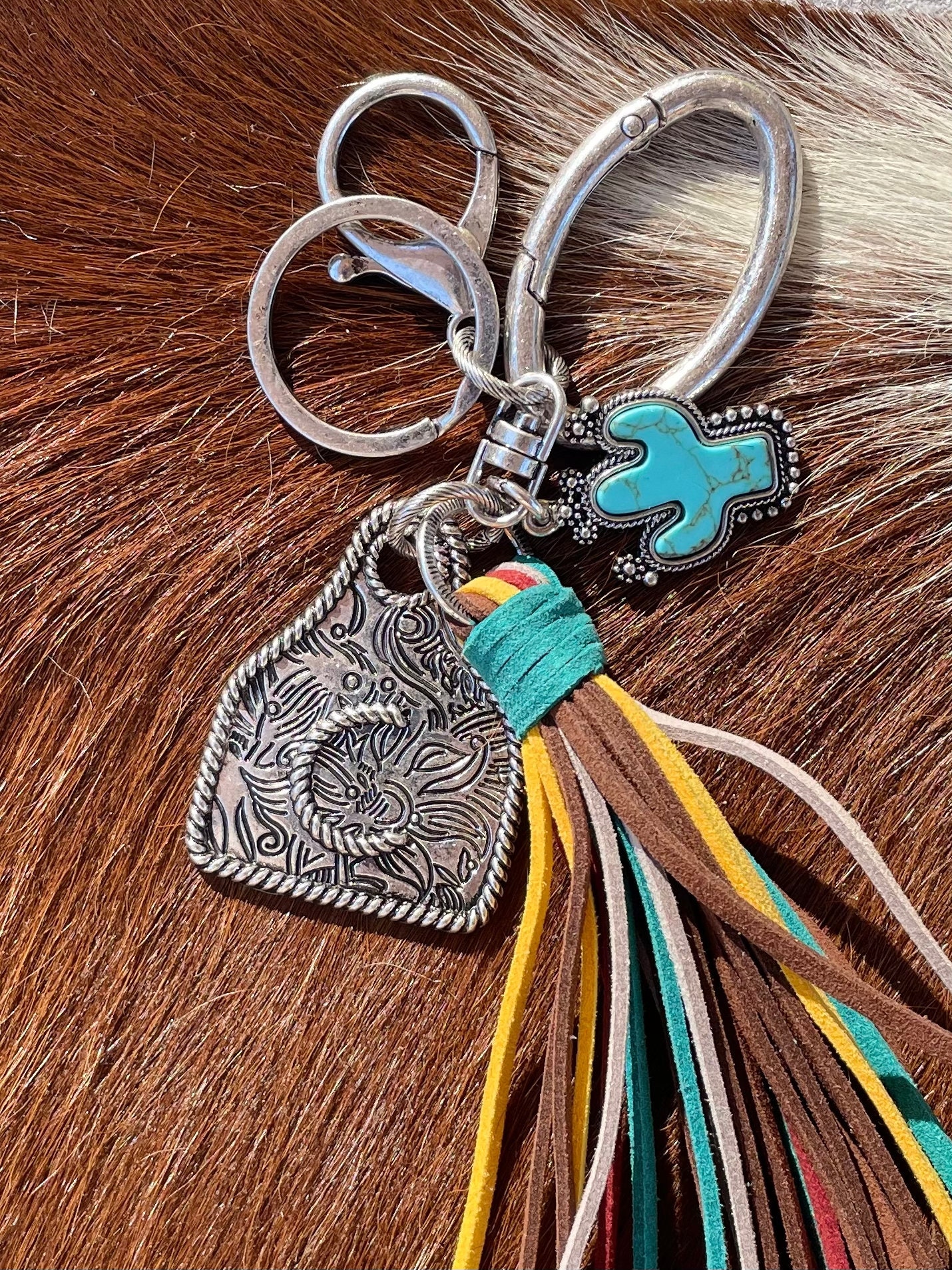 Initial Monogram Keychain/ Turquoise Charm/Initial Cattle Ear Tag Keychain/multi color tassel fringe keychain