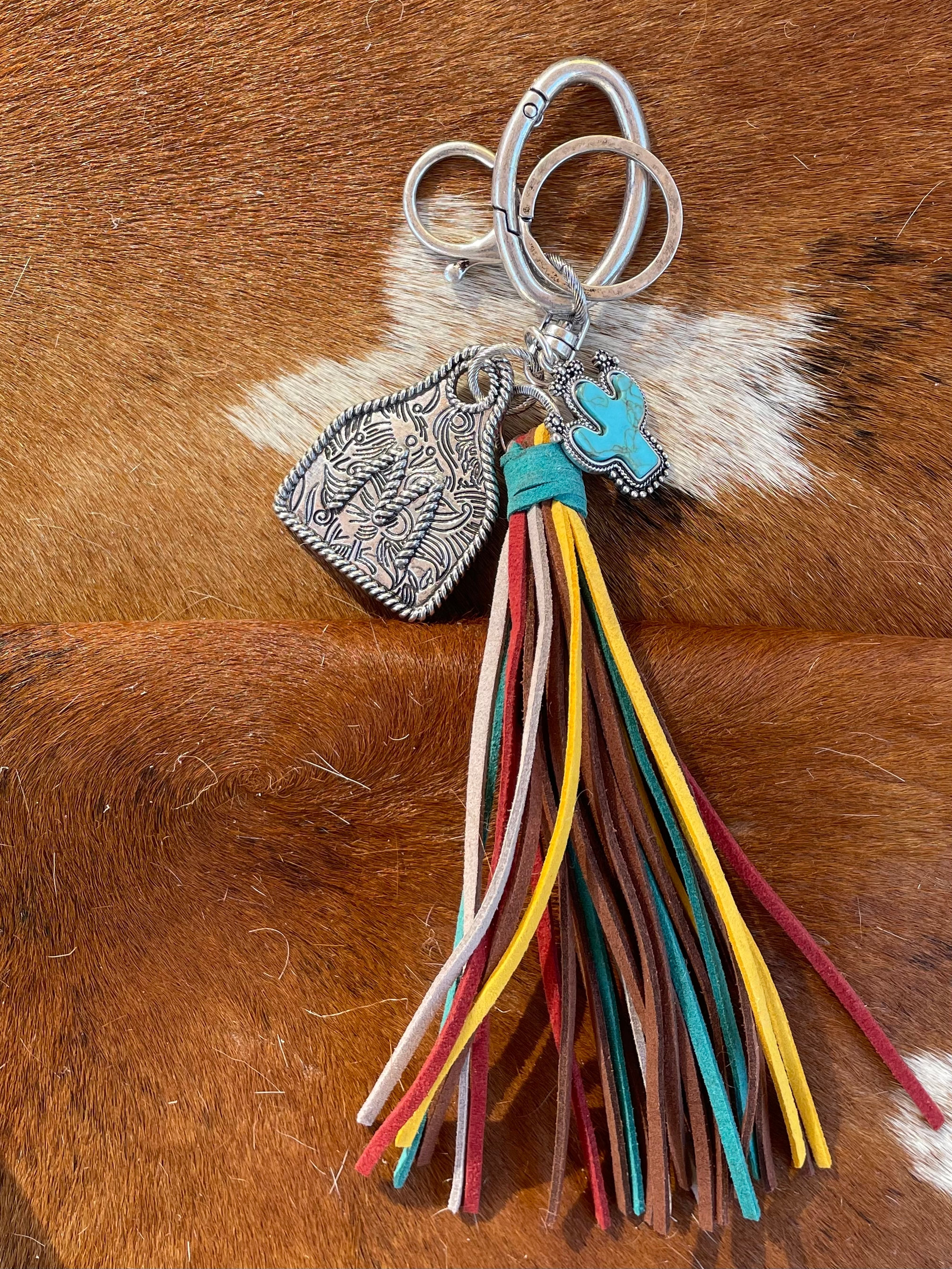 Initial Monogram Keychain/ Turquoise Charm/Initial Cattle Ear Tag Keychain/multi color tassel fringe keychain