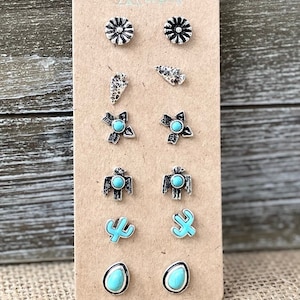 6 Pairs Western Turquoise Concho Earring/ Turquoise Stud/