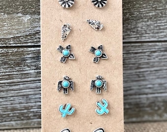 6 Pairs Western Turquoise Concho Earring/ Turquoise Stud/