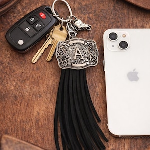 Western Initial Keychain with Tassel – Personalized Cowboy Belt Buckle Bag Charm, Western Gift image 4