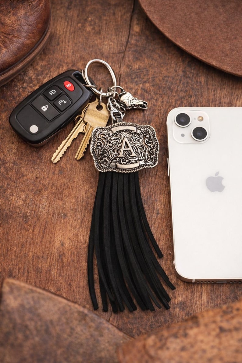 Western Initial Keychain with Tassel – Personalized Cowboy Belt Buckle Bag Charm, Western Gift image 4
