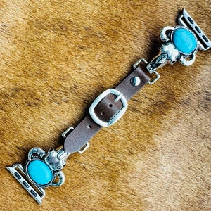 38mm, 40mm, 41mm compatible for Apple Watch Series 8,7,6,5,4,3, and SE Small Versions, Western Faux Turquoise Steer Skull Watch Band No.94