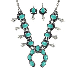 Turquoise Vintage Squash Blossom Metal Statement Necklace/w Earrings No.97