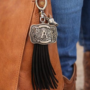 Western Initial Keychain with Tassel – Personalized Cowboy Belt Buckle Bag Charm, Western Gift image 3