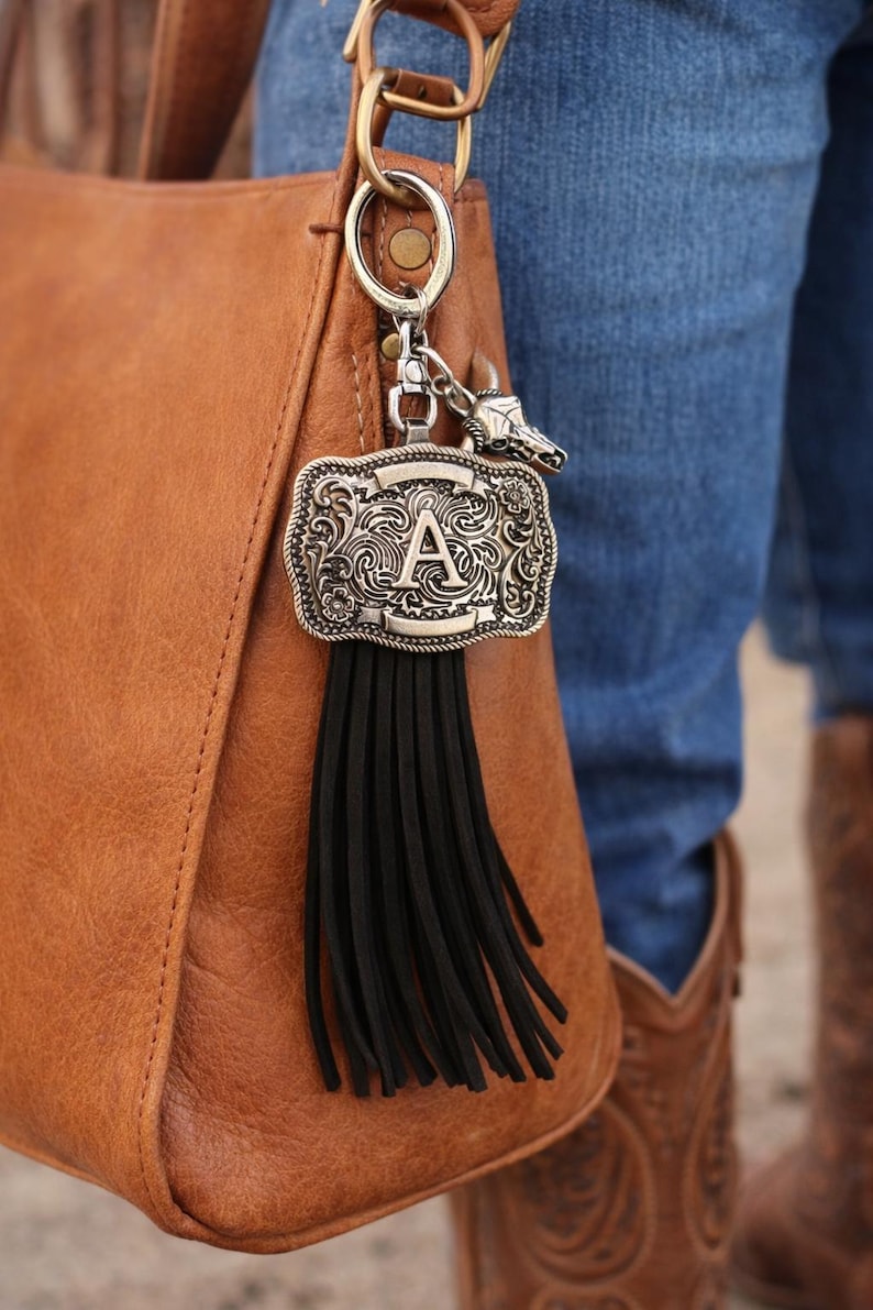 Western Initial Keychain with Tassel – Personalized Cowboy Belt Buckle Bag Charm, Western Gift image 3