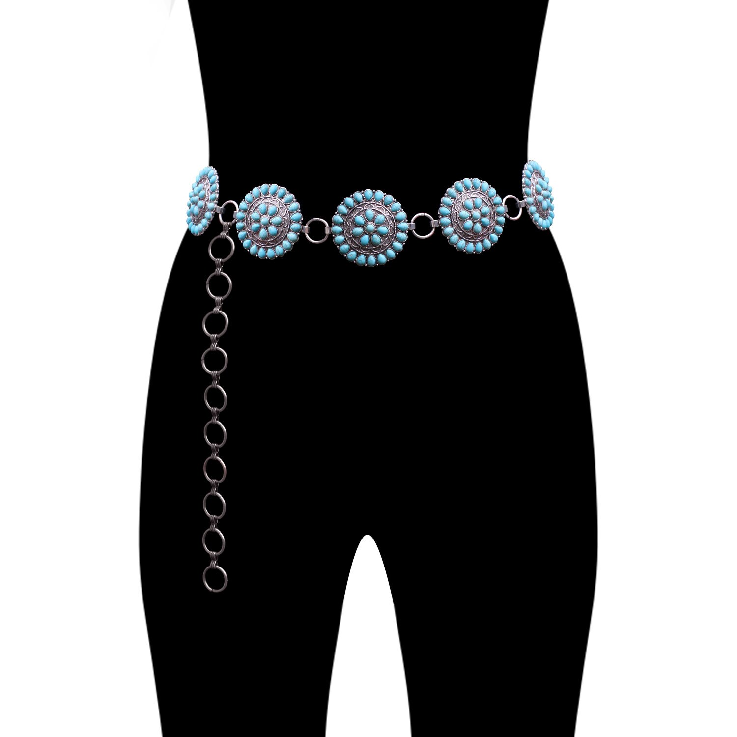 Flower Turquoise style Chain concho Waist Belt nwot Abby Turquoise Western Chain Belt – The Bevel Label main image 3