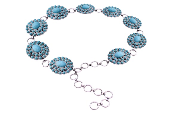 Western Turquoise Flower Concho Chain Belt No.3 - Etsy display picture 1