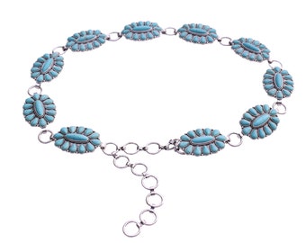Western Turquoise Metal Flower Concho Serape Leather Belt No  display picture 1