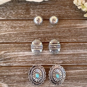3 Pairs Western Turquoise Concho Earring/ Turquoise Stud
