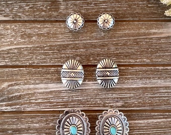 3 pares de aretes tipo concho con turquesa occidental/pendientes tipo botón con turquesa