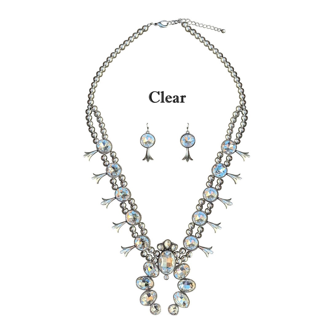 Western Boho Crystal Turquoise Squash Blossom Statement  display picture 3