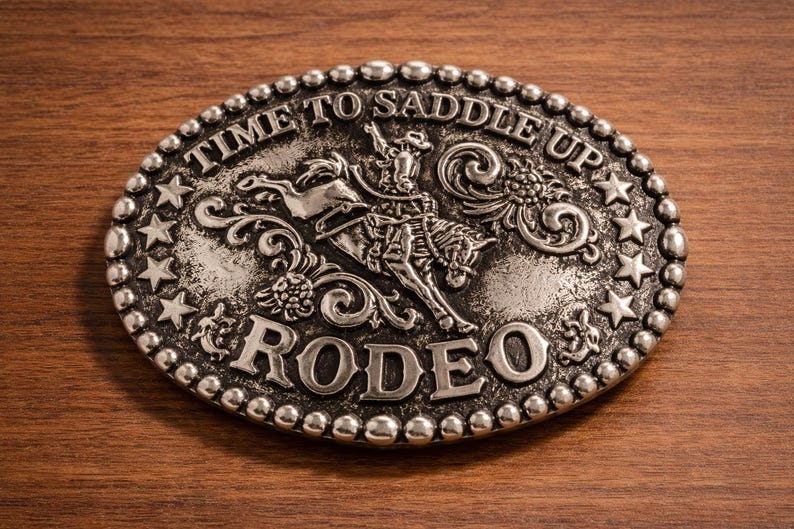 May include: Oval silver-colored belt buckle with the words "TIME TO SADDLE UP" and "RODEO" in raised lettering. The buckle features a cowboy riding a bucking bronco, surrounded by stars and decorative scrollwork.