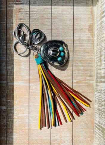 Initial Monogram Keychain/ Turquoise Charm/Initial Cattle Ear Tag Keychain/multi color tassel fringe keychain