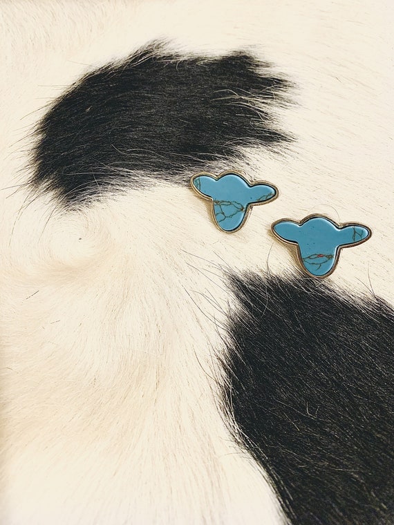Western Cow Head Turquoise Silver Metal Earrings