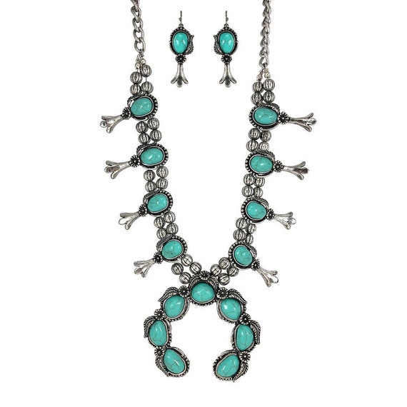 Parure Vintage Années 70 : Collier Et Boucles D'oreilles En Métal Avec Turquoise Bleue - Acier Inoxydable