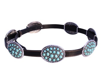 Western Turquoise Metal Flower Concho Serape Leather Belt No.7 (leo, 9263 Affilare Western Genuine Leather Floral Belt turquoise Buck  main image 4