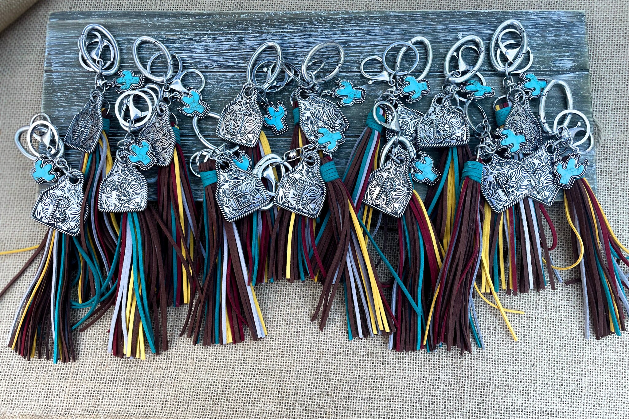 Initial Monogram Keychain/ Turquoise Charm/Initial Cattle Ear Tag Keychain/multi color tassel fringe keychain