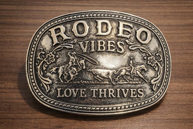 May include: Oval silver-colored belt buckle with the words "RODEO VIBES LOVE THRIVES" in raised lettering. The buckle features detailed illustrations of rodeo riders and floral accents. The buckle is set against a wood grain background.