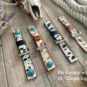 May include: Four different watch bands with a cowhide pattern and turquoise accents. The bands are 20-22mm lug size and fit Galaxy watches.  Fit Galaxy watch 20~22mm lug size.