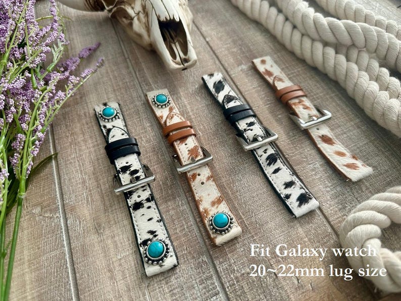 May include: Four different watch bands with a cowhide pattern and turquoise accents. The bands are 20-22mm lug size and fit Galaxy watches.  Fit Galaxy watch 20~22mm lug size.