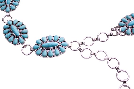 2277 Western Turquoise Flower Concho Chain Belt Emulily Western Concho Fashion Stone Chain Belt Western  main image 2