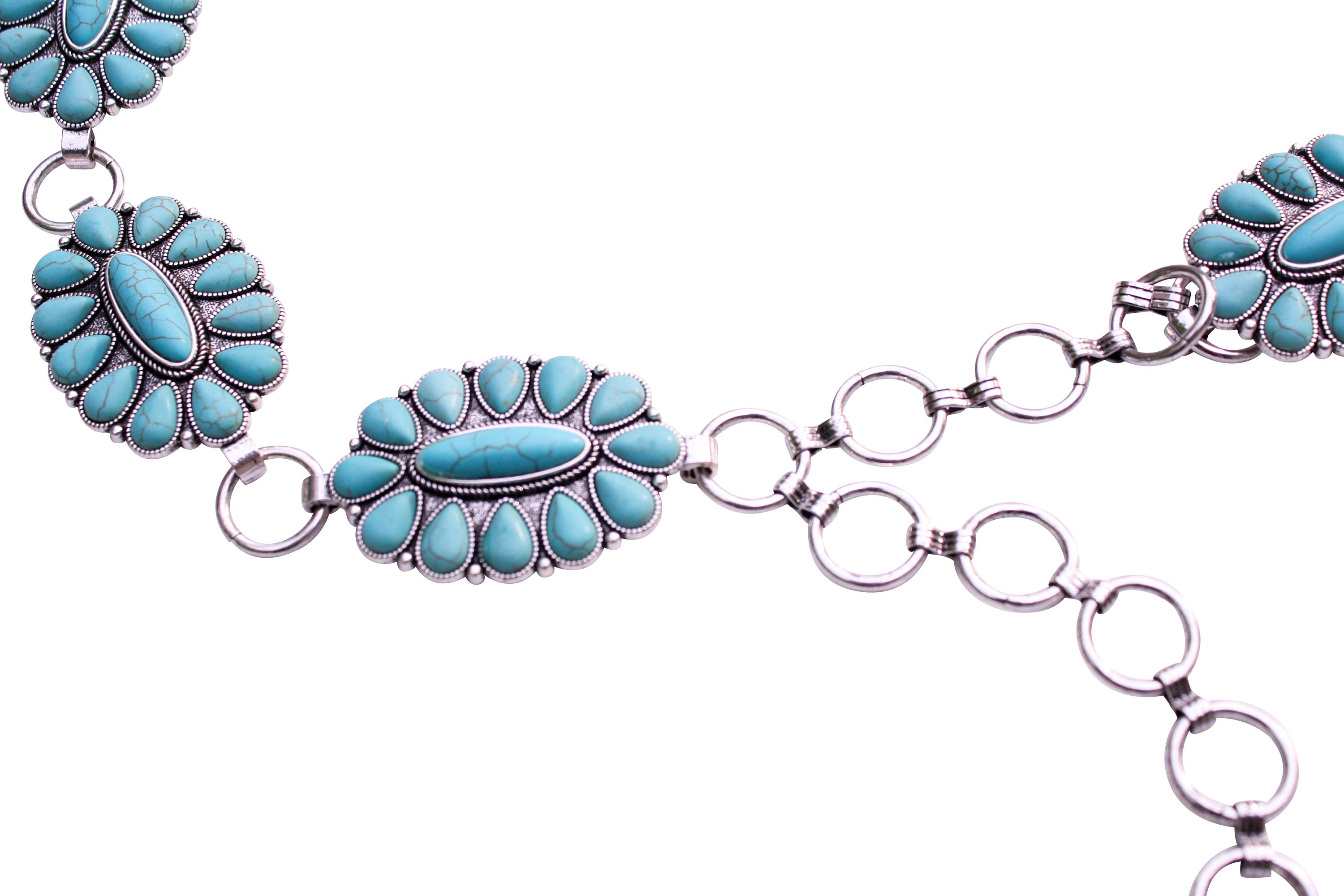 2 Pcs Flower Turquoise Concho Chain Waist Belt Silver Metal Western Chain Belts il_fullxfull.3118470700_cpgq.jpg main image 4